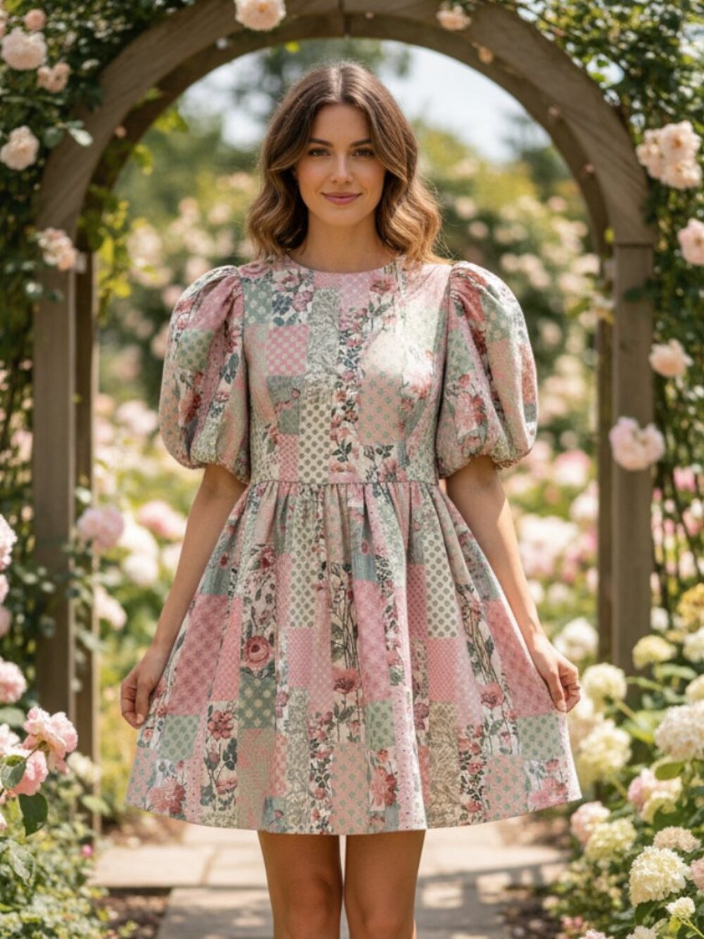 NEW Jacquie the Label Pink Ivy Sage Patchwork Design Puff Sleeve Mini Dress